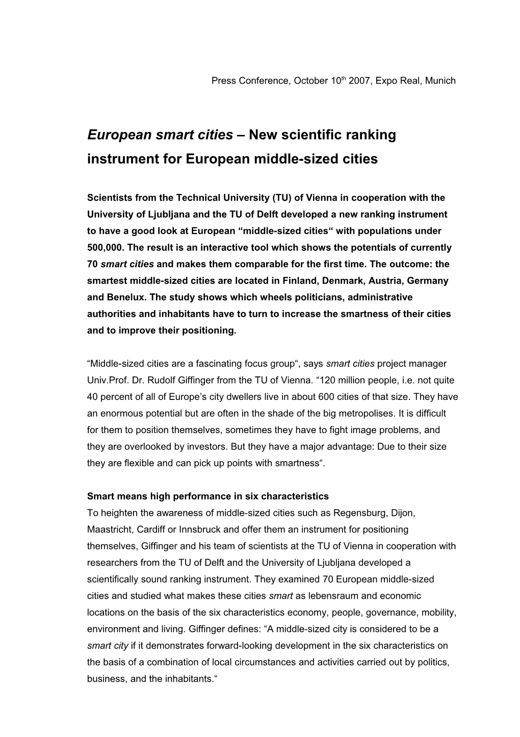 European Smart Cities New Scientific Ranking Instrument for European Middle-Sized Cities