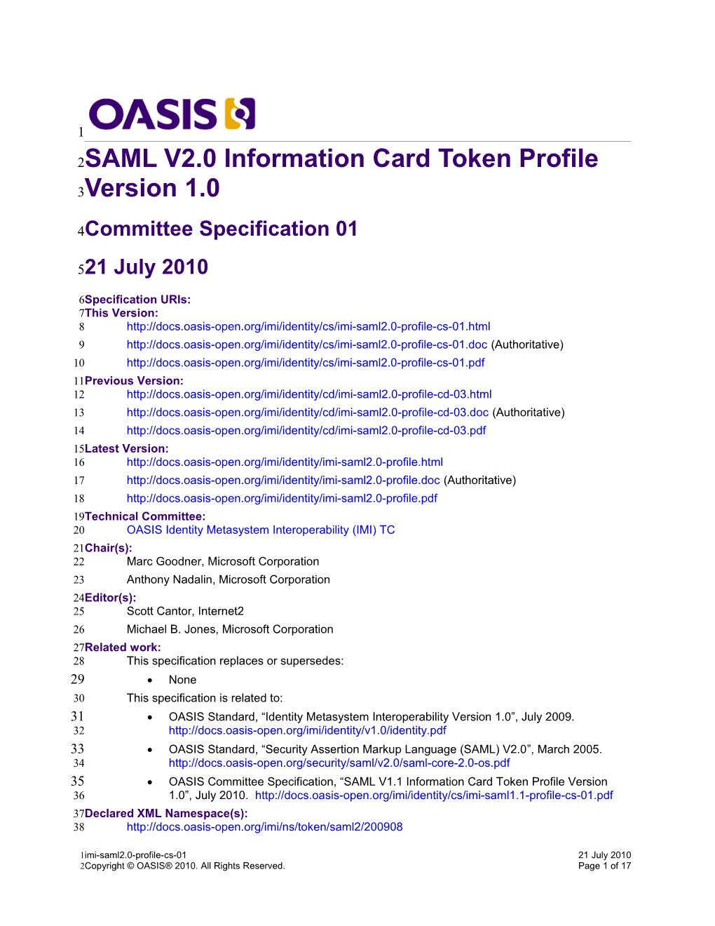 OASIS SAML V2.0 Information Card Token Profile Version 1.0