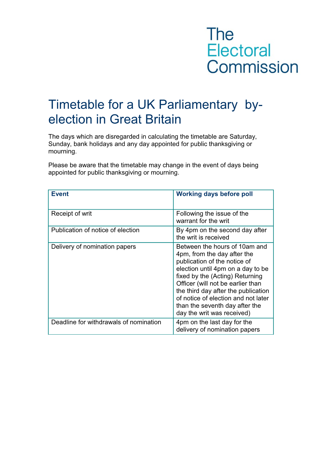 UKPGE Election Timetable