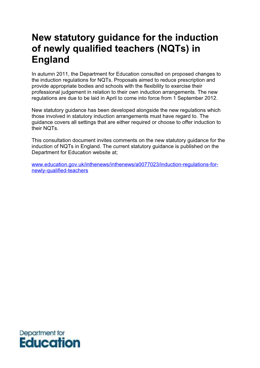 New Statutory Guidance for the Induction of Newly Qualified Teachers (Nqts) in England