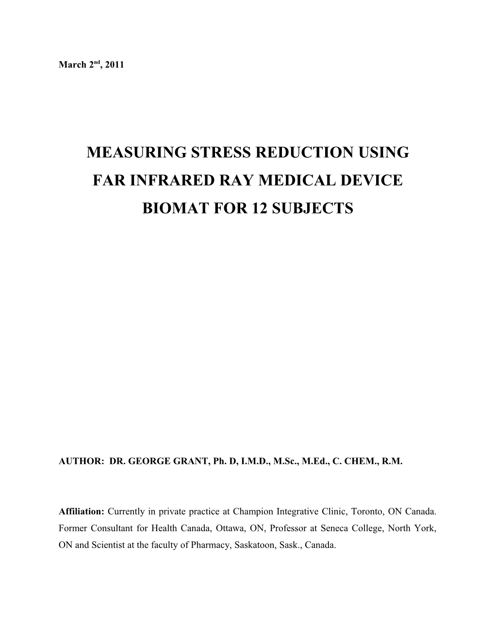 Far Infrared Ray Medical Device Biomat for 12 Subjects