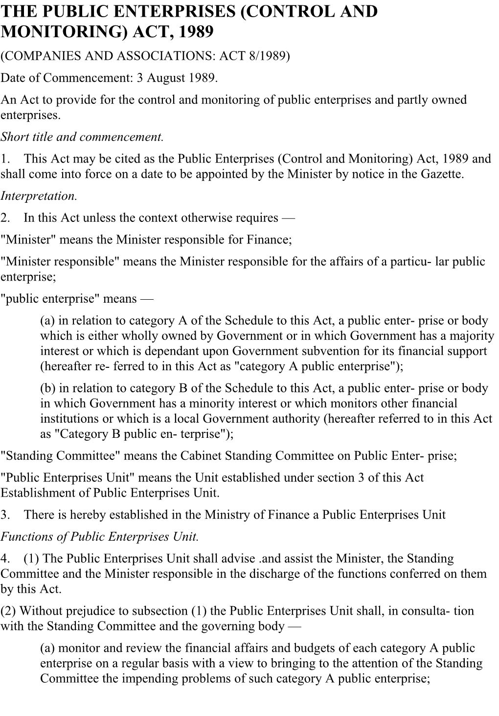 The Public Enterprises (Control and Monitoring) Act, 1989