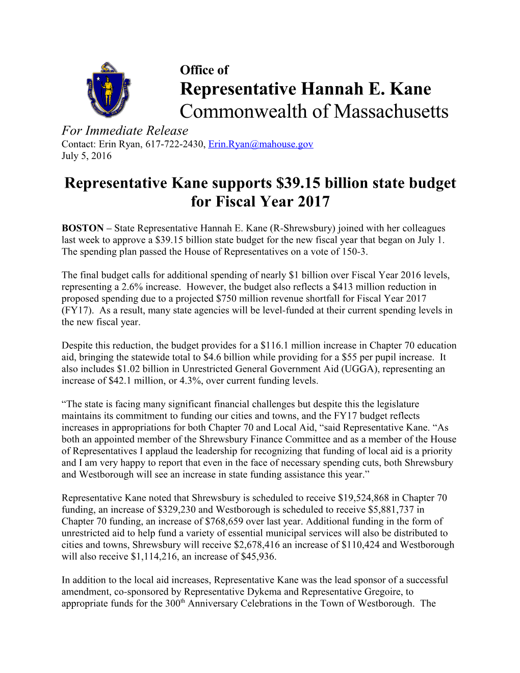 Representative Kane Supports $39.15 Billion State Budget for Fiscal Year 2017