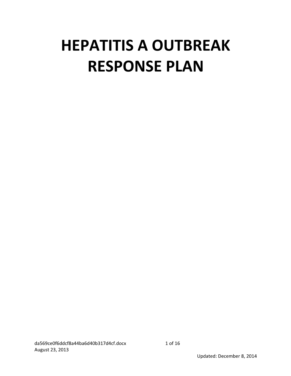 Hepatitis a Outbreak Response Plan