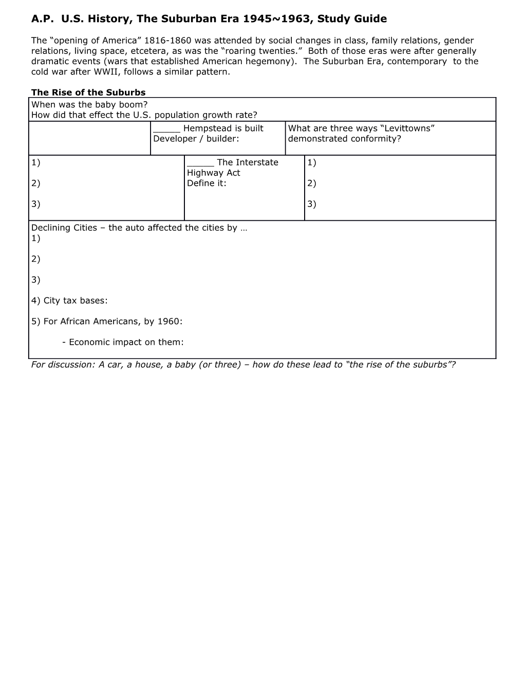 A.P. U.S. History, the Suburban Era 1945 1963, Study Guide