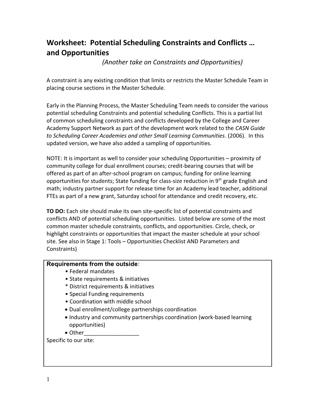 Worksheet: Potential Scheduling Constraints and Conflicts and Opportunities