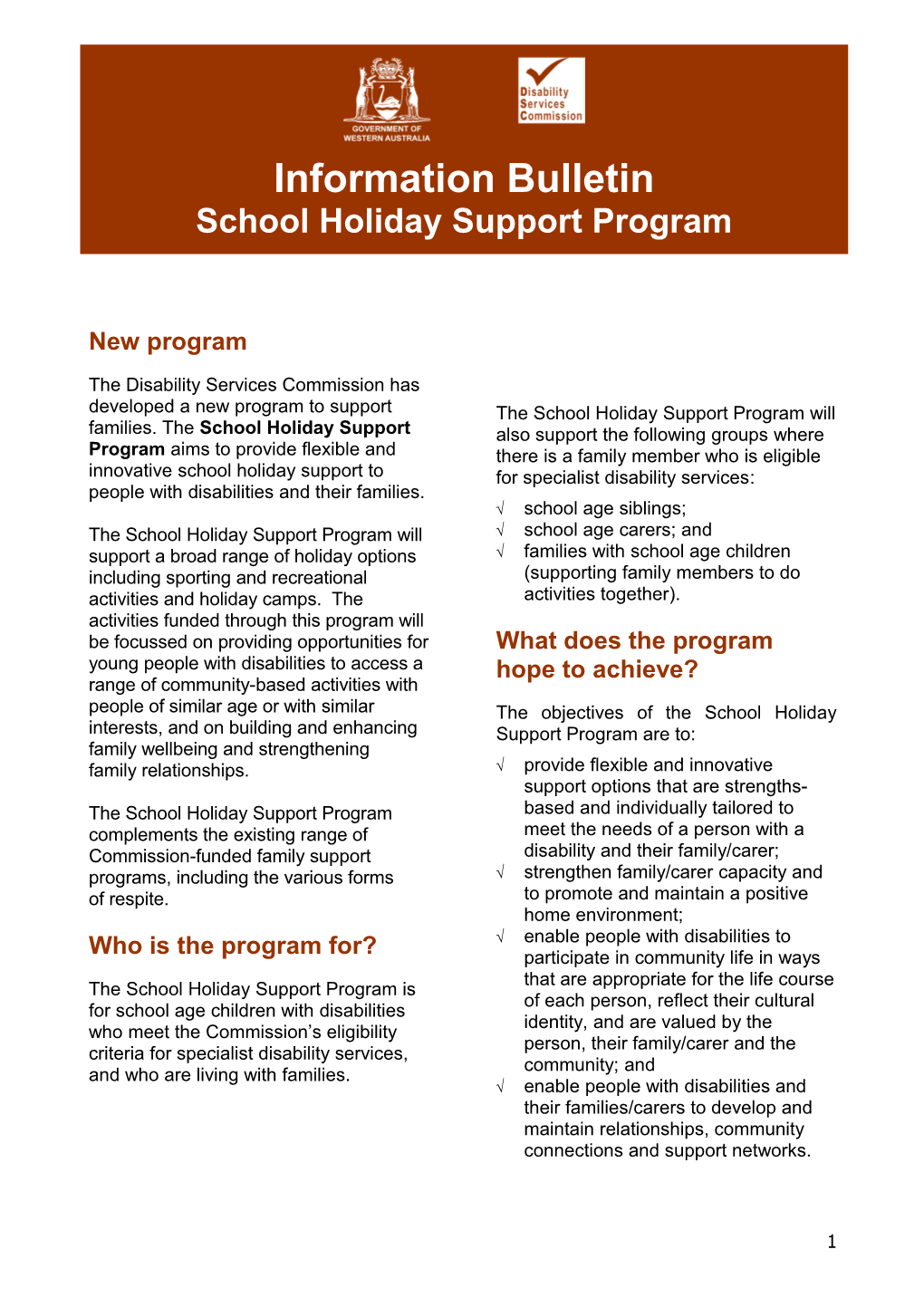 School Holiday Support Program Bulletin