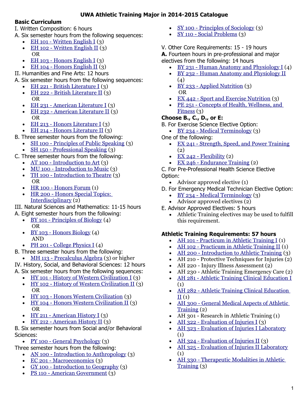 UWA Athletic Training Major in 2014-2015 Catalogue