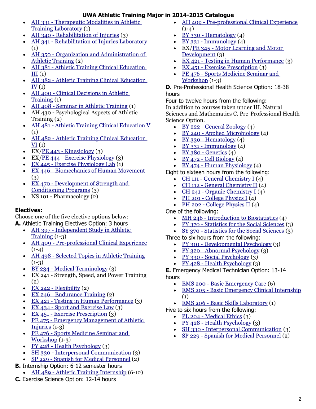 UWA Athletic Training Major in 2014-2015 Catalogue