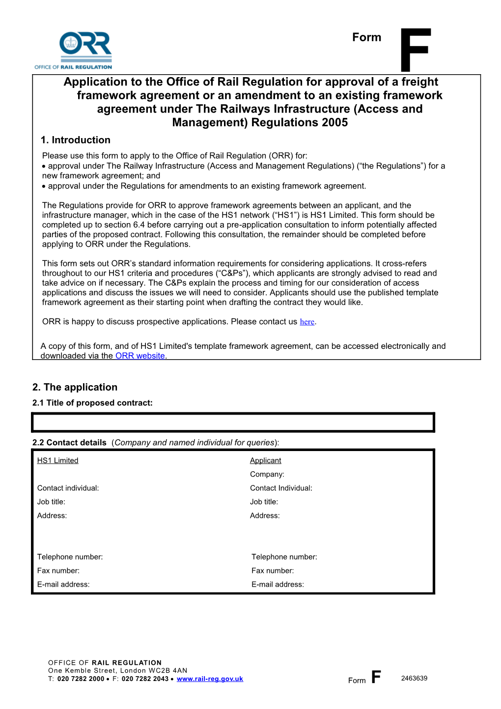 Form F - Application for Approval of a Freight Framework Agreement