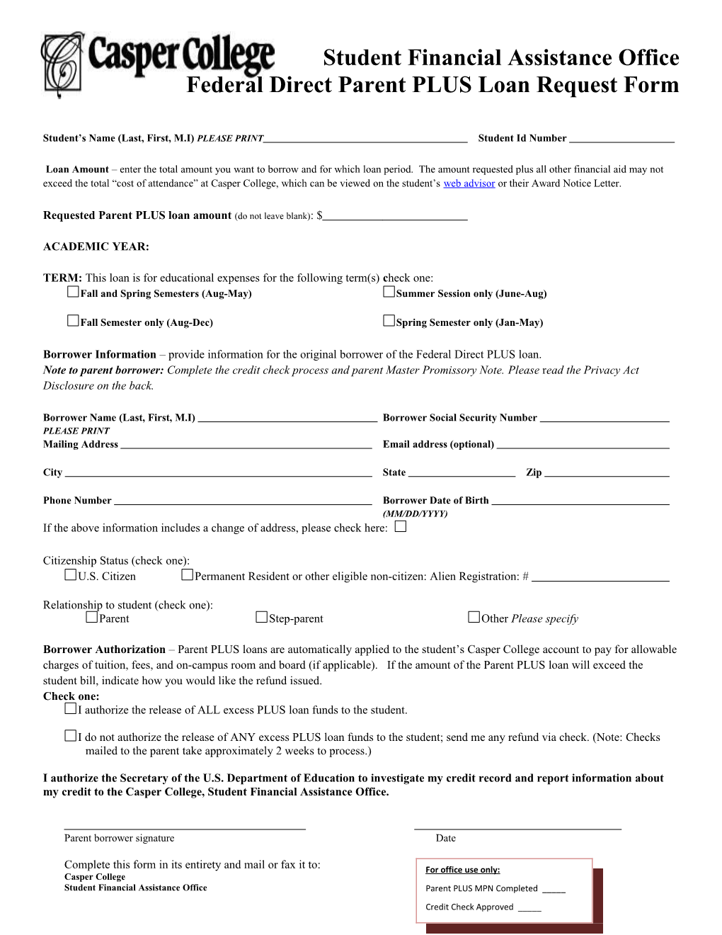 Federal Direct Parent PLUS Loan Request Form