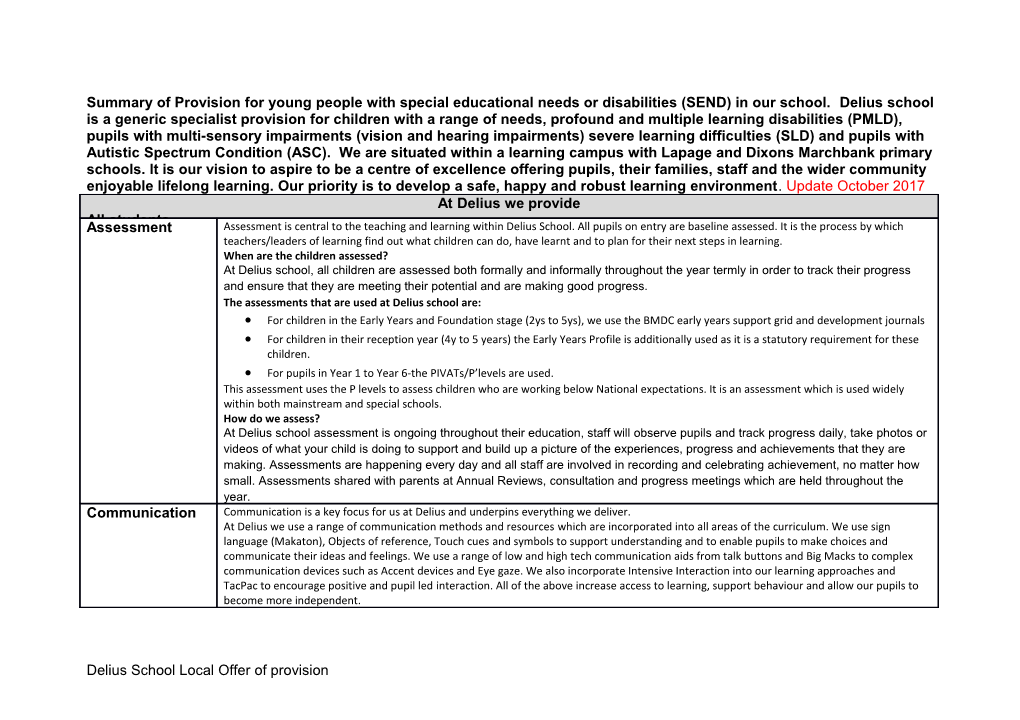 Summary of Provision for Young People with Special Educational Needs Or Disabilities (SEND)