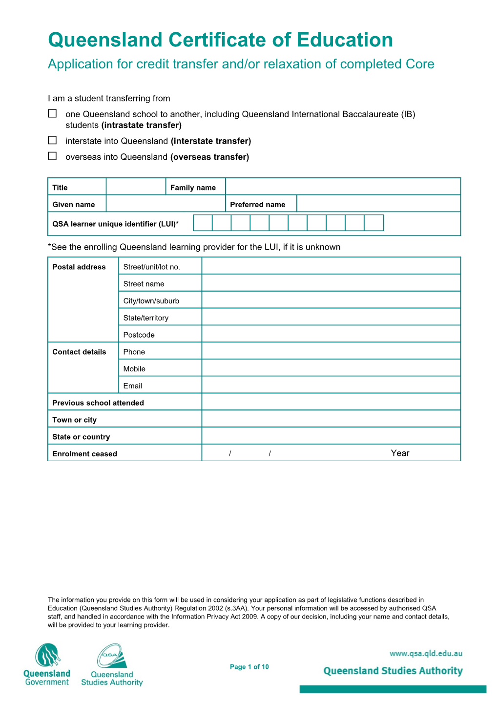 Application for Credit Transfer