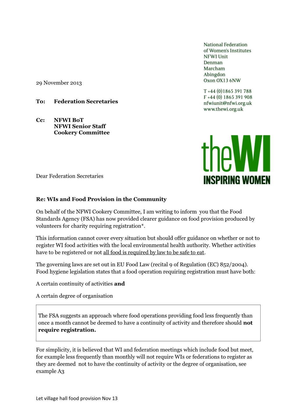 Re: Wis and Food Provision in the Community
