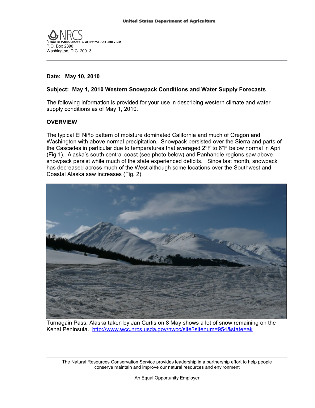 Subject: May 1, 2010Western Snowpack Conditions and Water Supply Forecasts