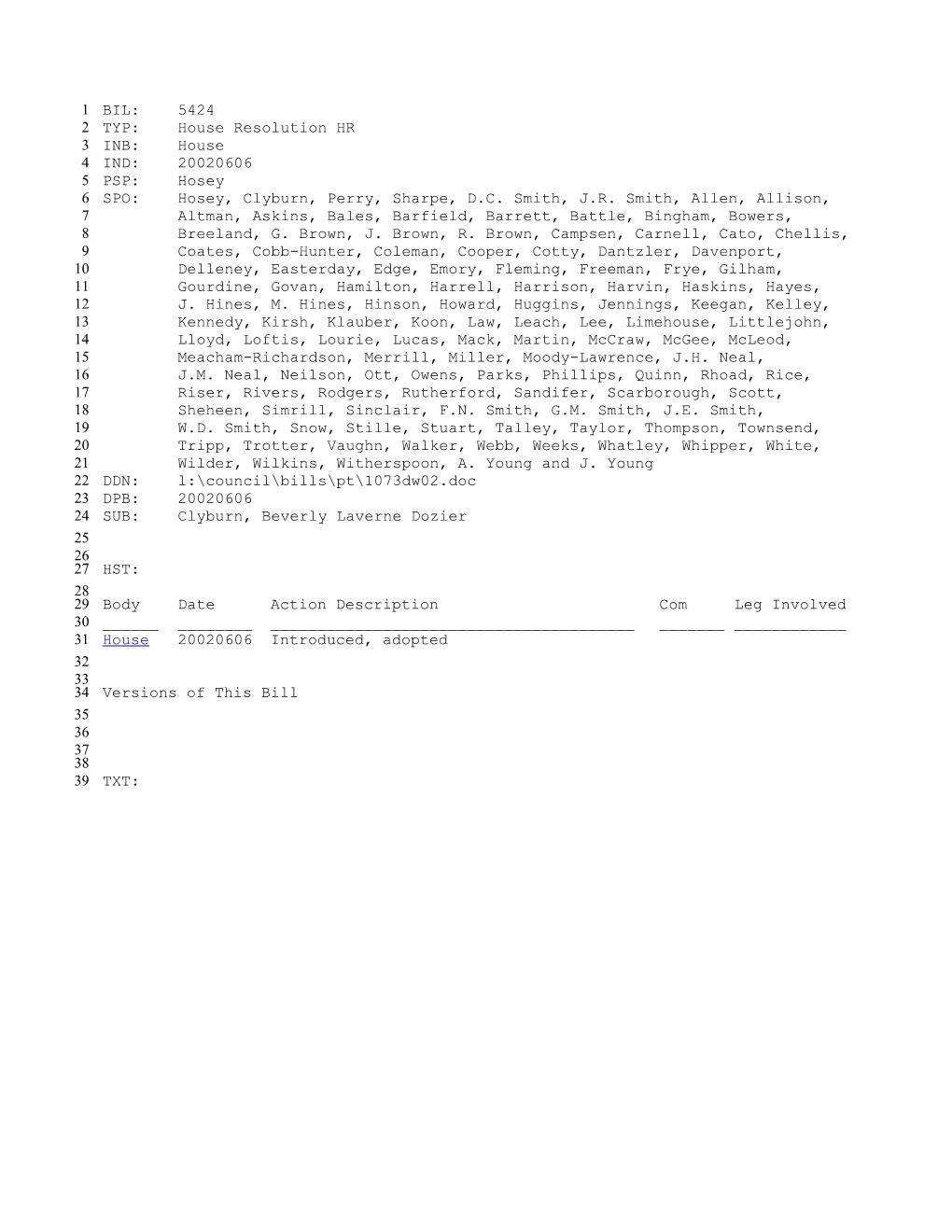 2001-2002 Bill 5424: Clyburn, Beverly Laverne Dozier - South Carolina Legislature Online