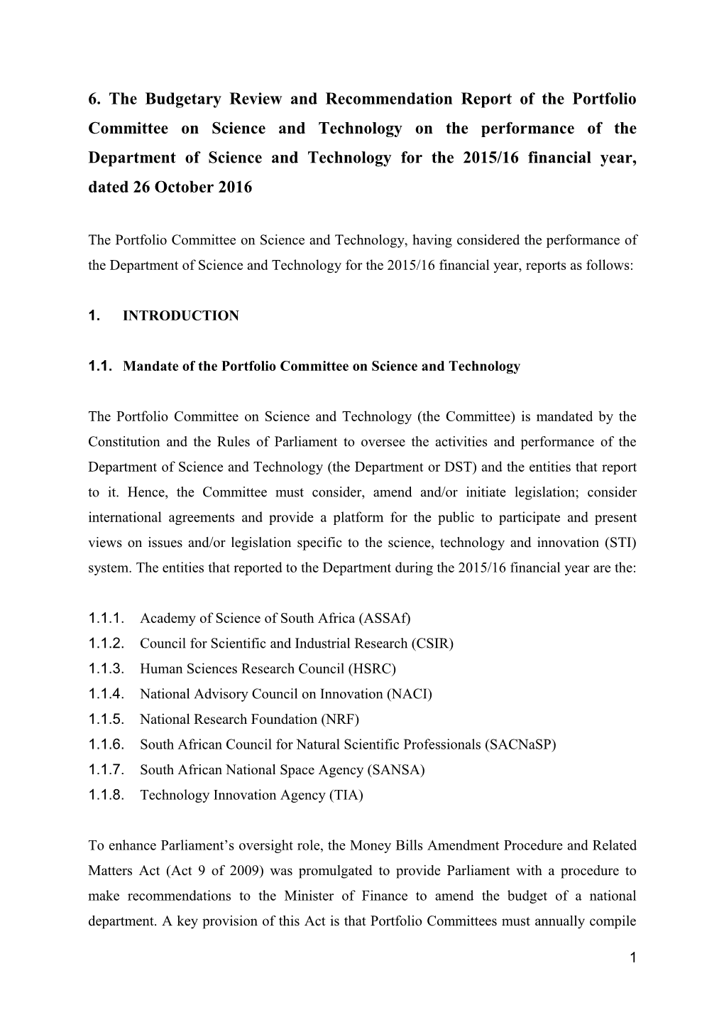 Budgetary Review and Recommendation Report