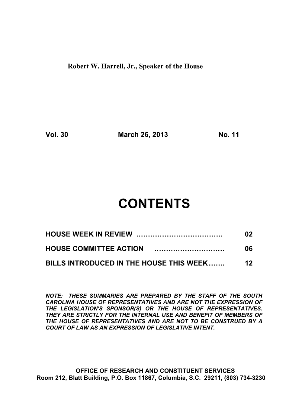 Legislative Update - Vol. 30 No. 11 March 26, 2013 - South Carolina Legislature Online