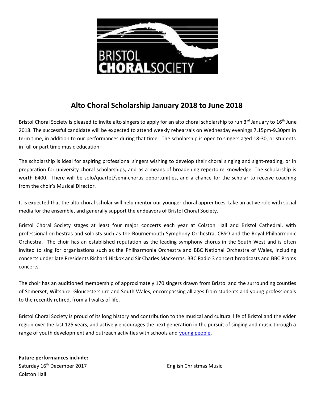 Alto Choral Scholarshipjanuary 2018 to June 2018