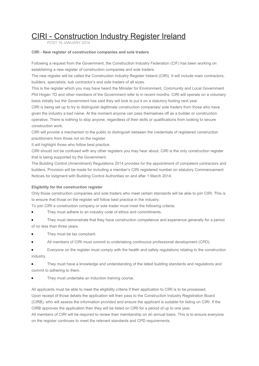 CIRI - New Register of Construction Companies and Sole Traders