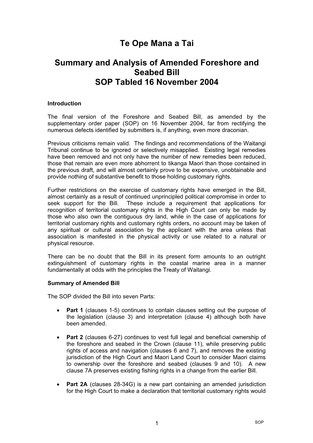 Te Ope Mana a Tai - Analysis of Foreshore and Seabed Bill