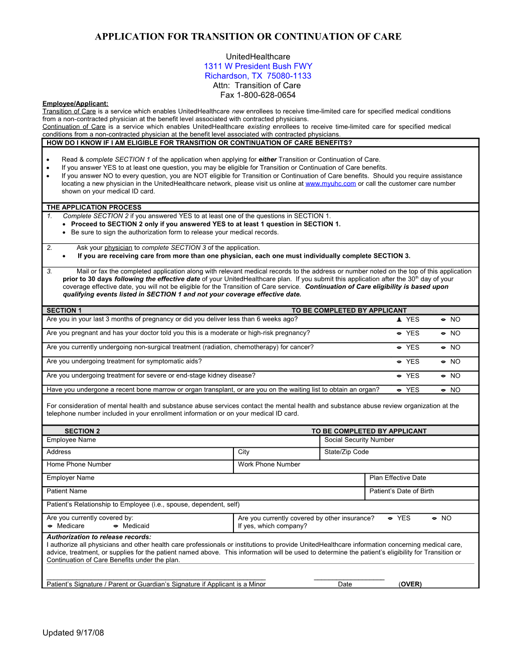 Transition of Care/Continuity of Care Application - Standard Form