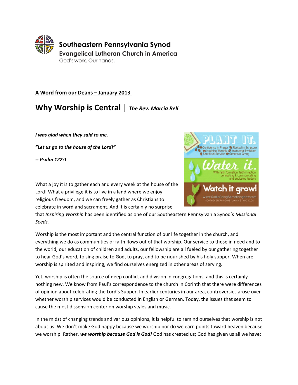 Why Worship Is Central the Rev. Marcia Bell