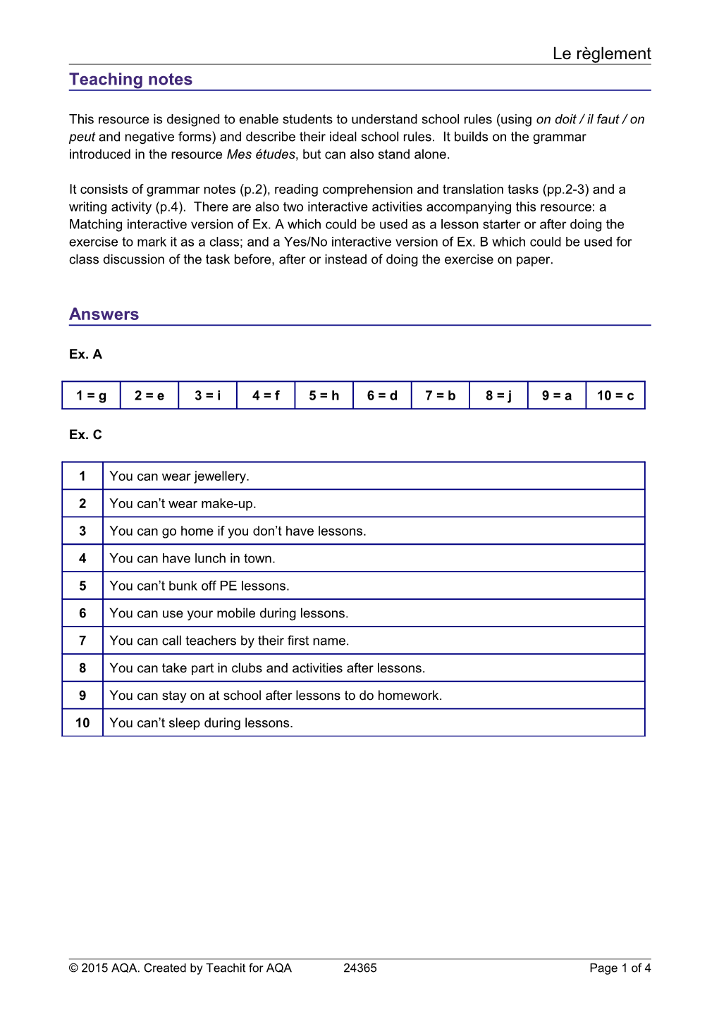 Ex. A: Match the French to the English by Completing the Answer Grid