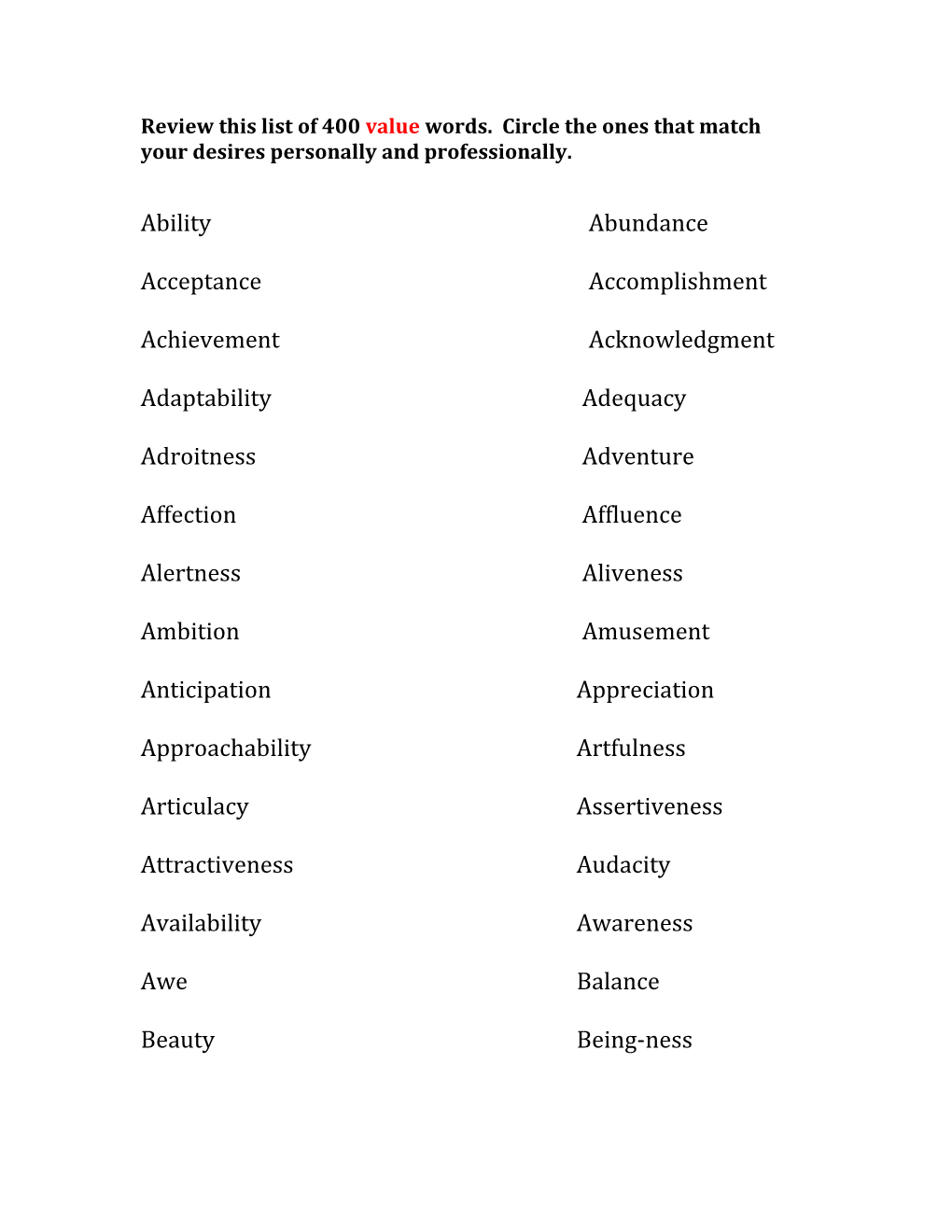 Review This List of 400 Value Words. Circle the Ones That Match Your Desires Personally