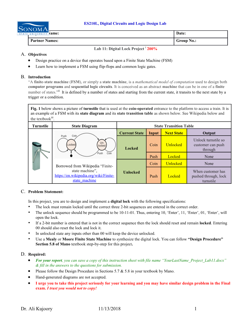 Lab 11: Digital Lock Project I 200%