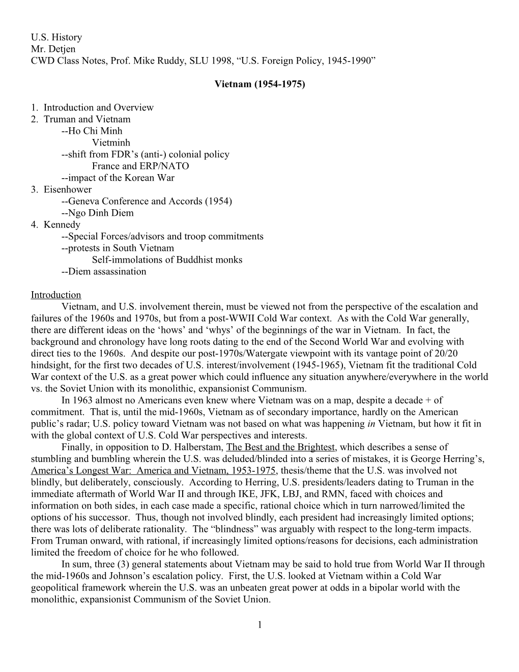 CWD Class Notes, Prof. Mike Ruddy, SLU 1998, U.S. Foreign Policy, 1945-1990