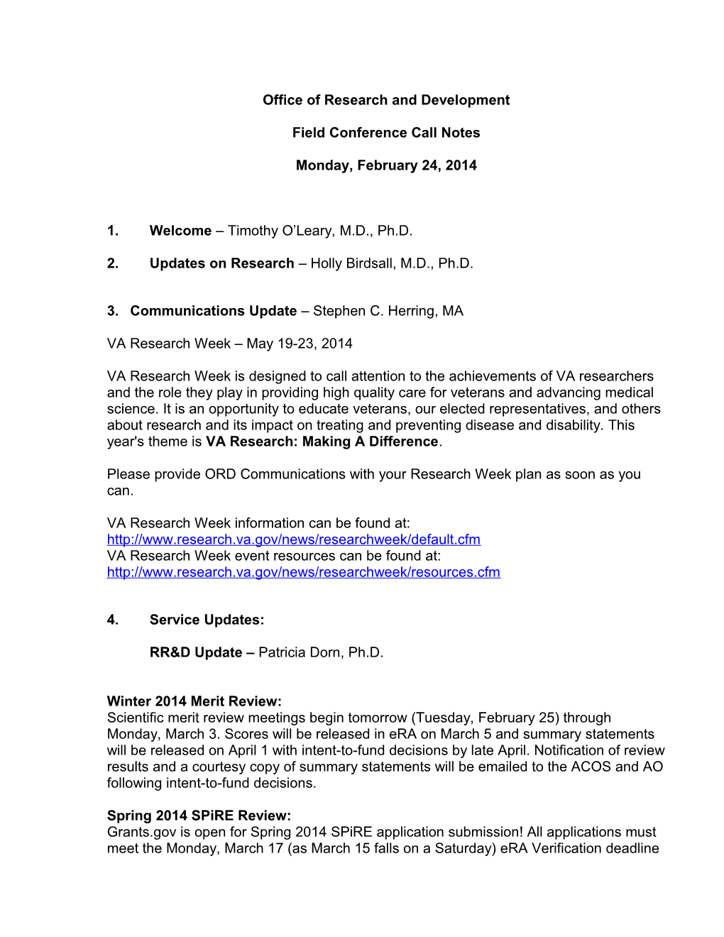VA ORD Conference Call Notes, Feb. 24, 2014