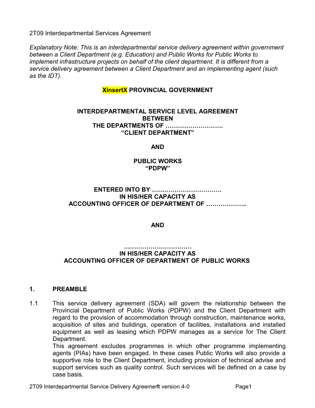 DP1-T08 - Interdepartmental Service Delivery Agreement (SDA) Client Department and Public