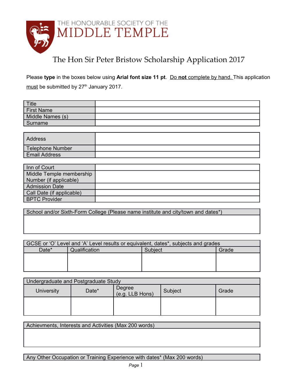 The Hon Sir Peter Bristow Scholarship Application 2017