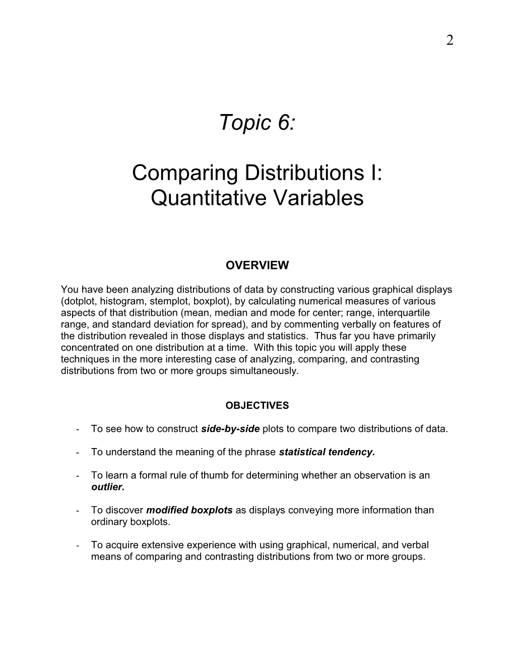 Topic 6: Comparing Distirubtions I