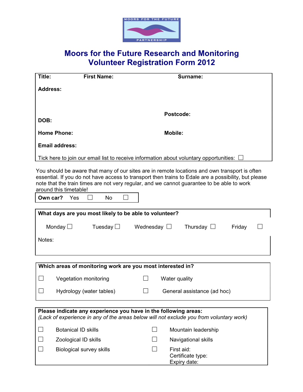 Moors for the Future Volunteer Registration Form