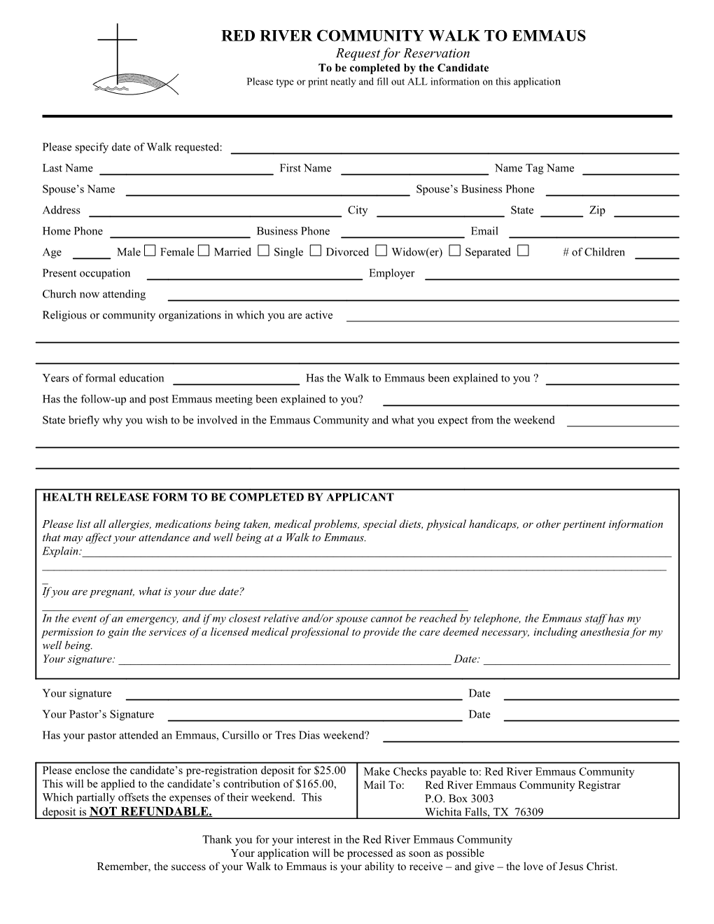 Health Release Form to Be Completed by Applicant