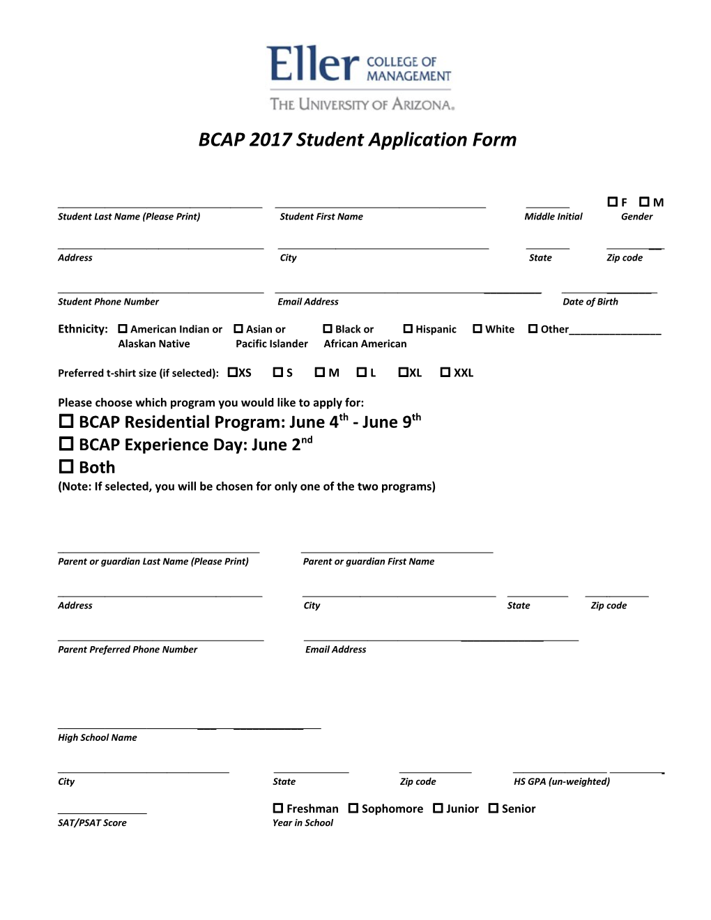 BCAP 2017 Student Application Form
