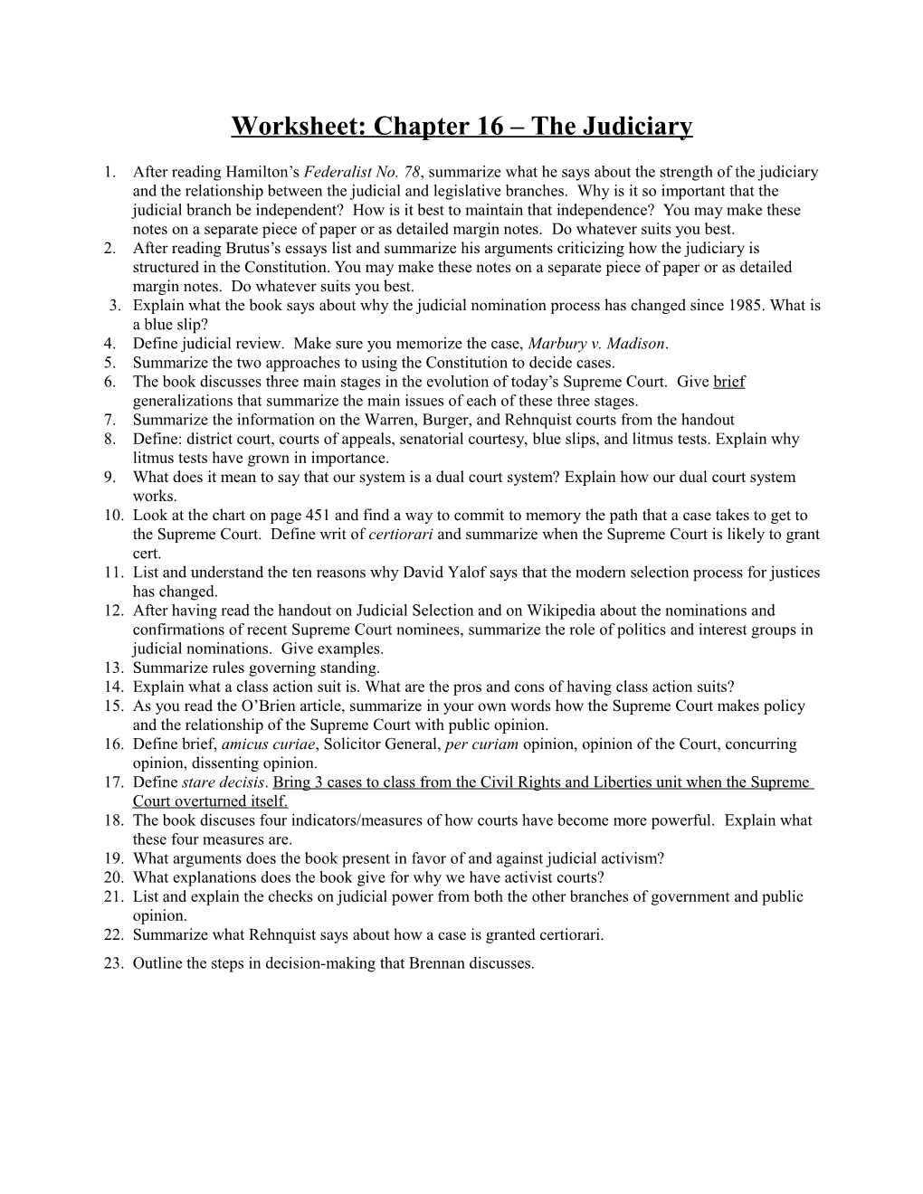 Worksheet: Chapter 16 the Judiciary