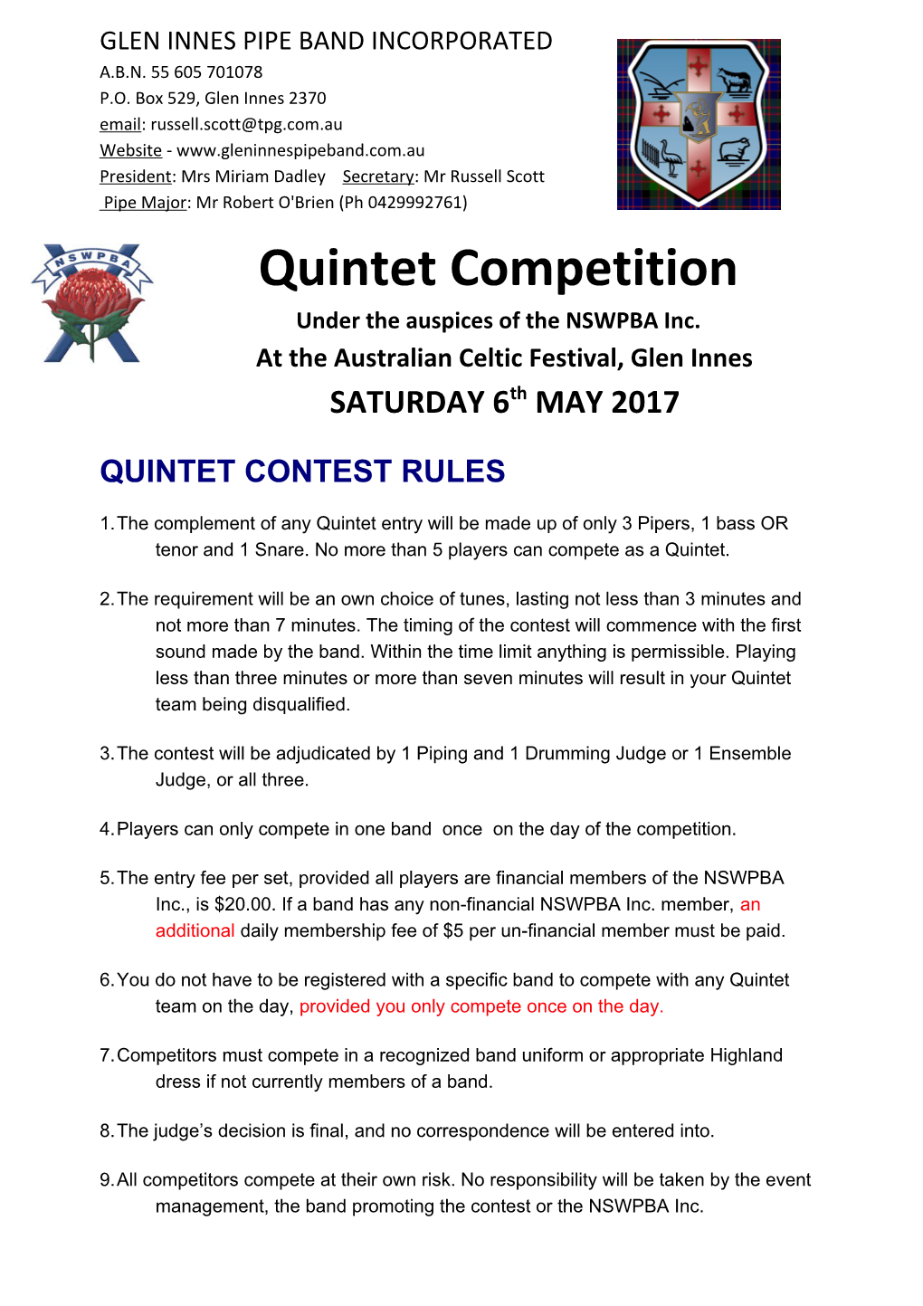 Quintet Contest Rules