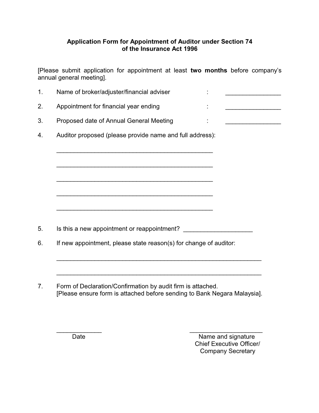 Application Form for Appointment of Auditor Under Section 74 of the Insurance Act 1996