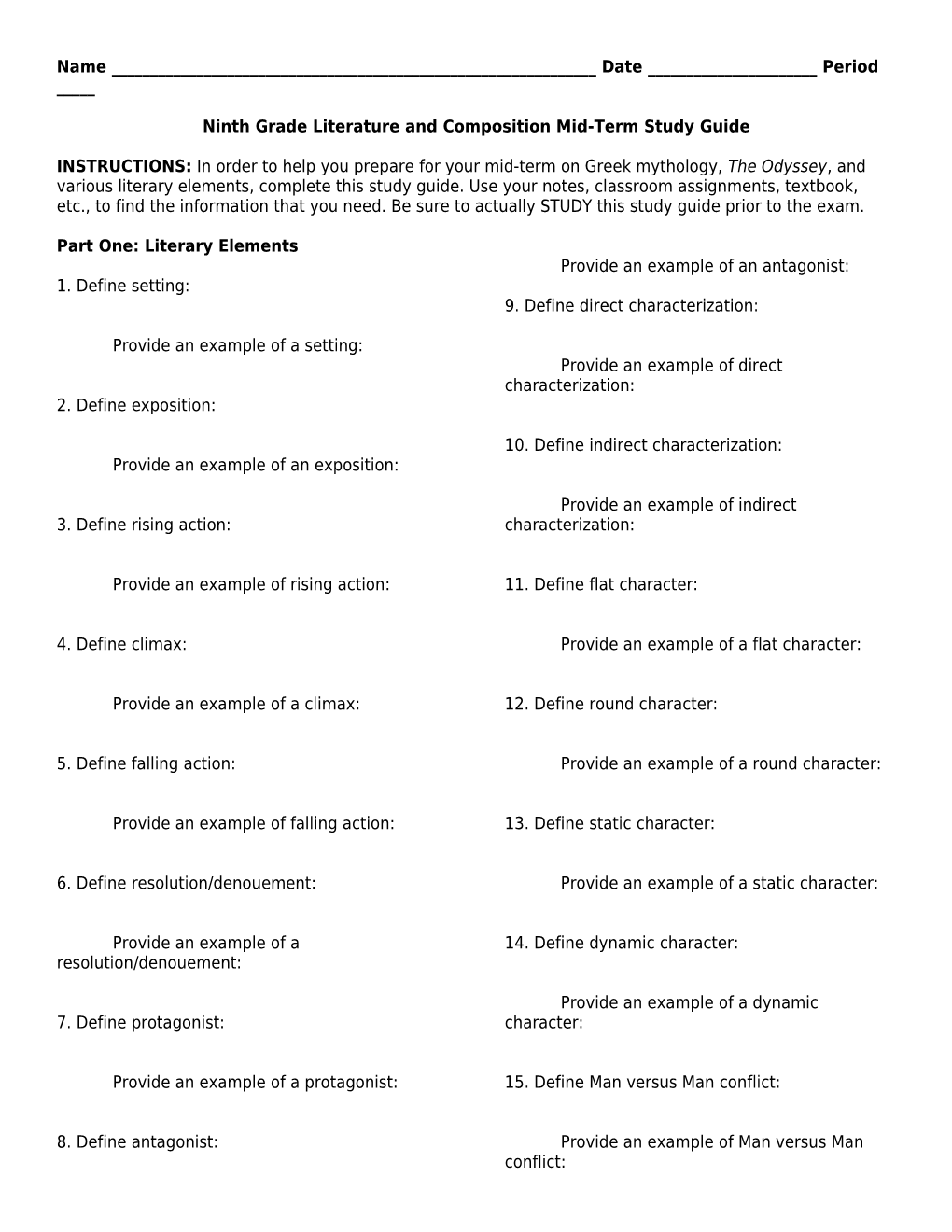 Ninth Grade Literature and Composition Mid-Term Study Guide