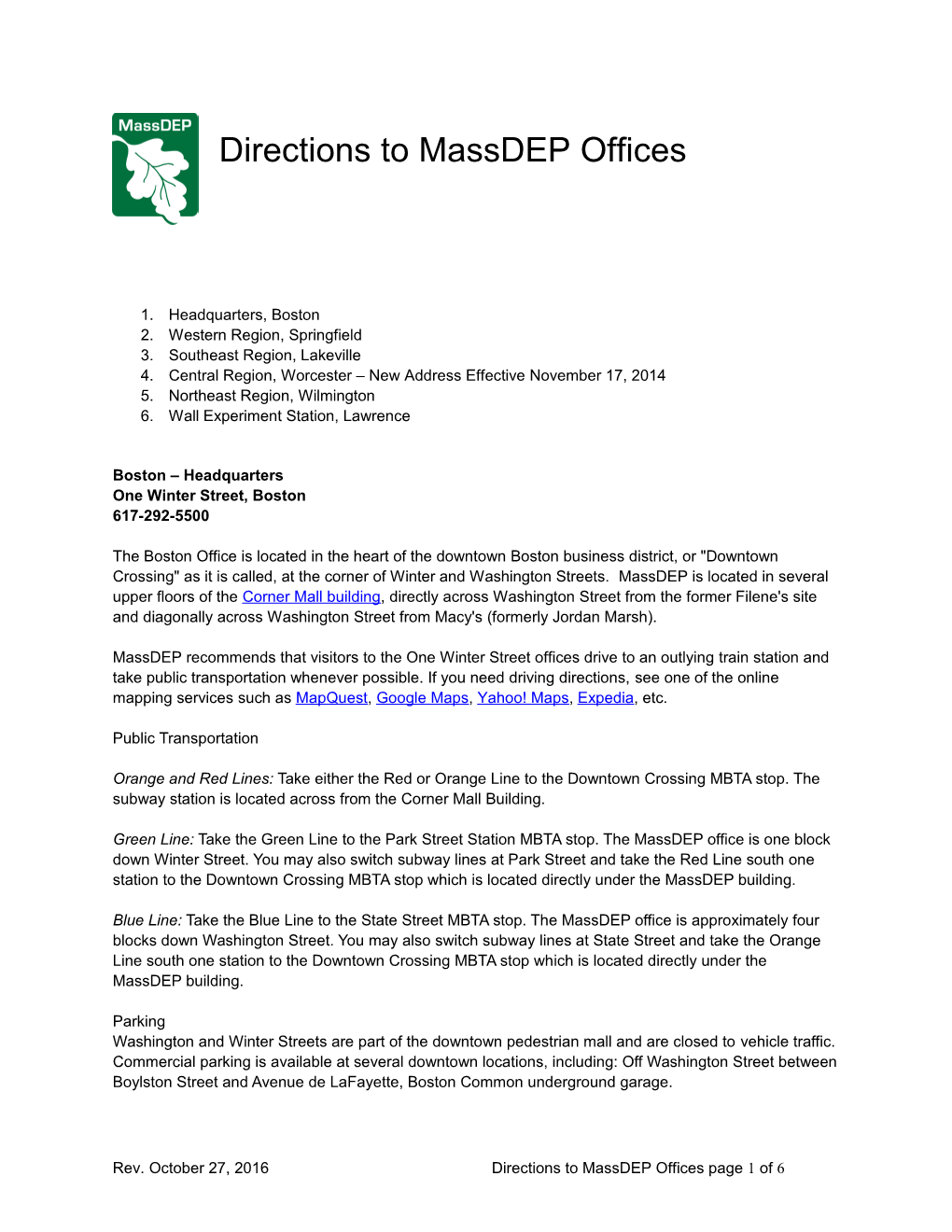 Directions to Massdep Offices