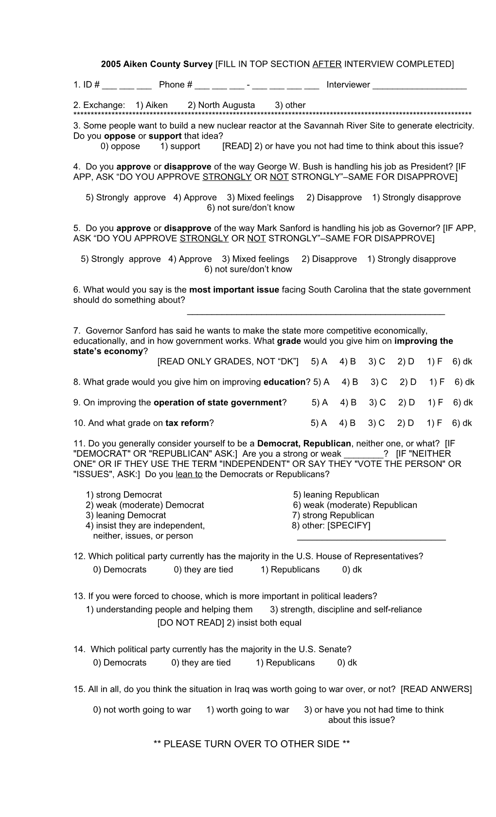 2005 Aiken County Survey FILL in TOP SECTION AFTER INTERVIEW COMPLETED