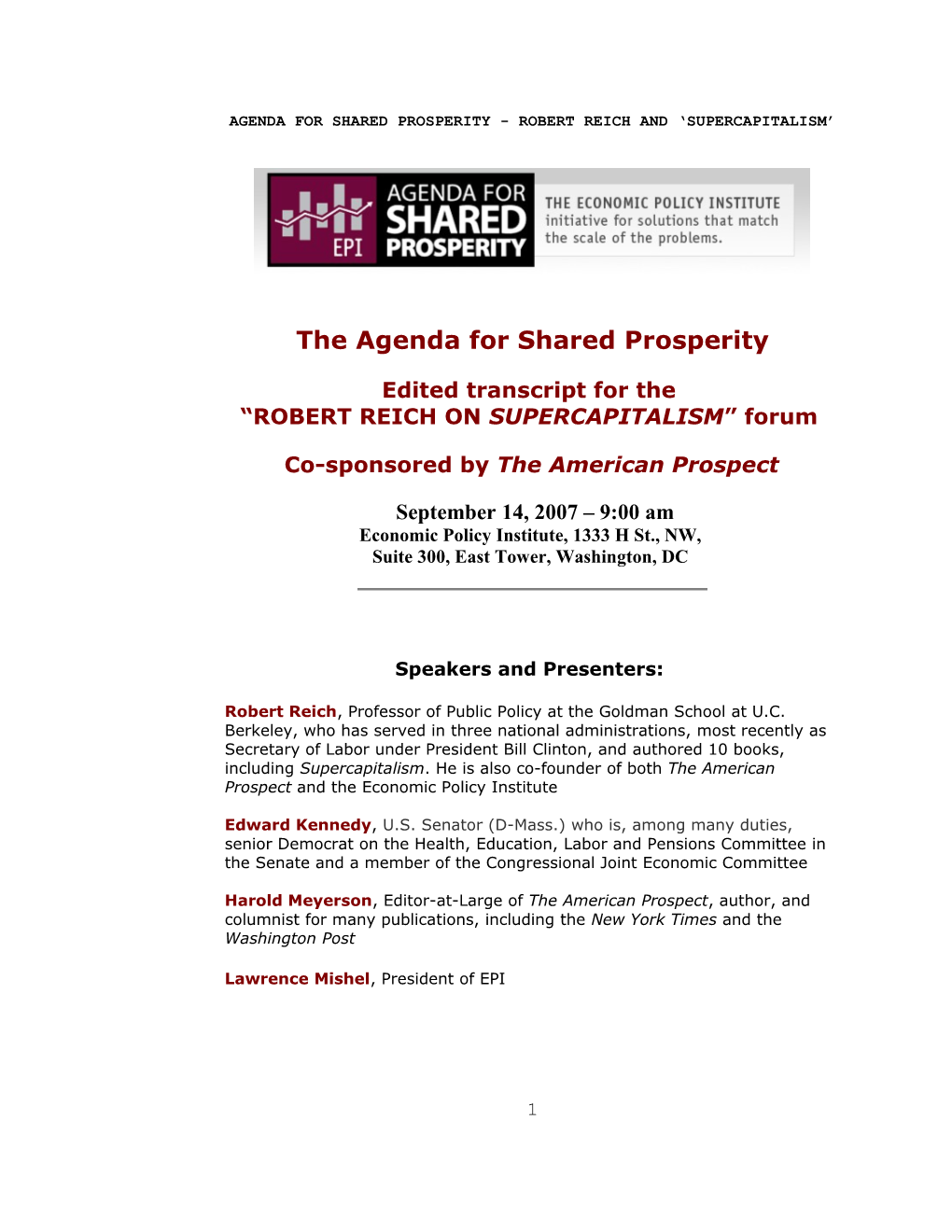 Agenda for Shared Prosperity - Robert Reich and Supercapitalism
