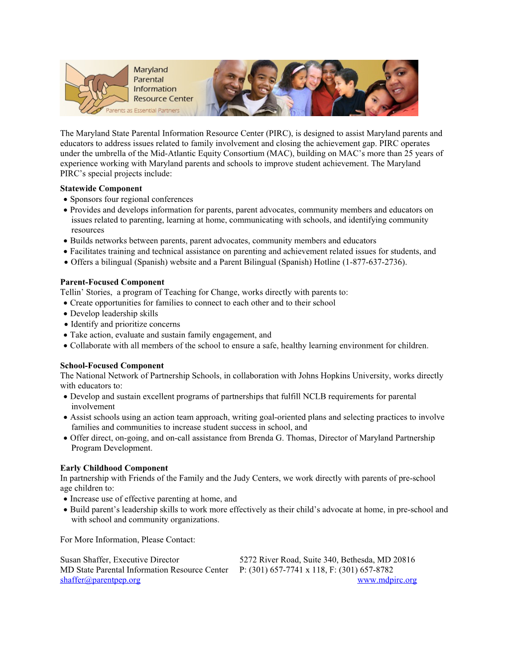 Parents As Essential Partners (PEP), the Maryland Parent Information Resource Center (PIRC)