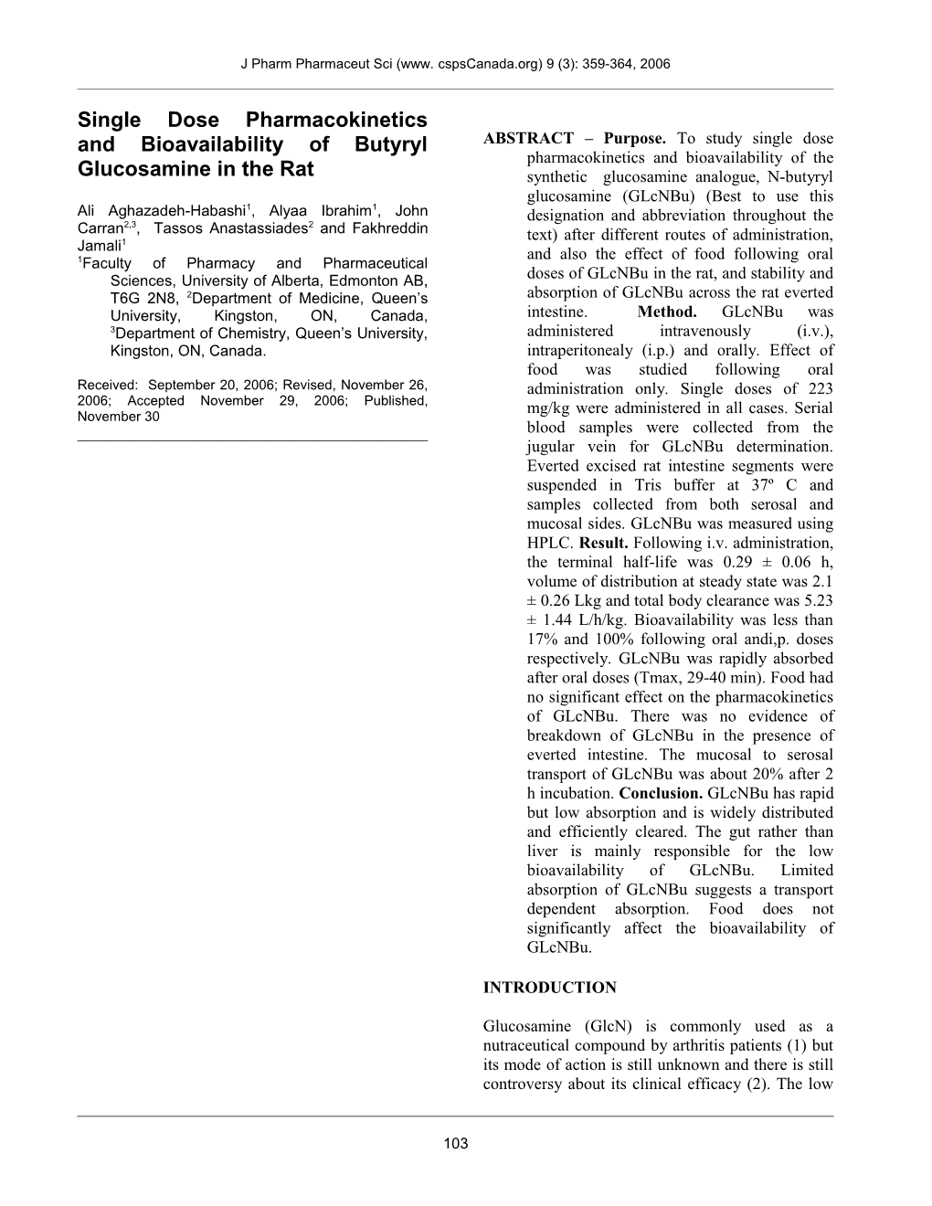 Single Dose Pharmacokinetics and Bioavailability of Glucosamine in the Rat