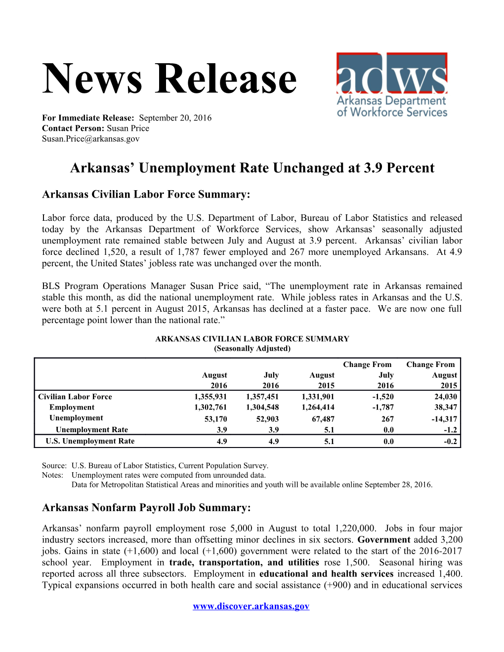 Arkansas Unemployment Rateunchanged at 3.9 Percent
