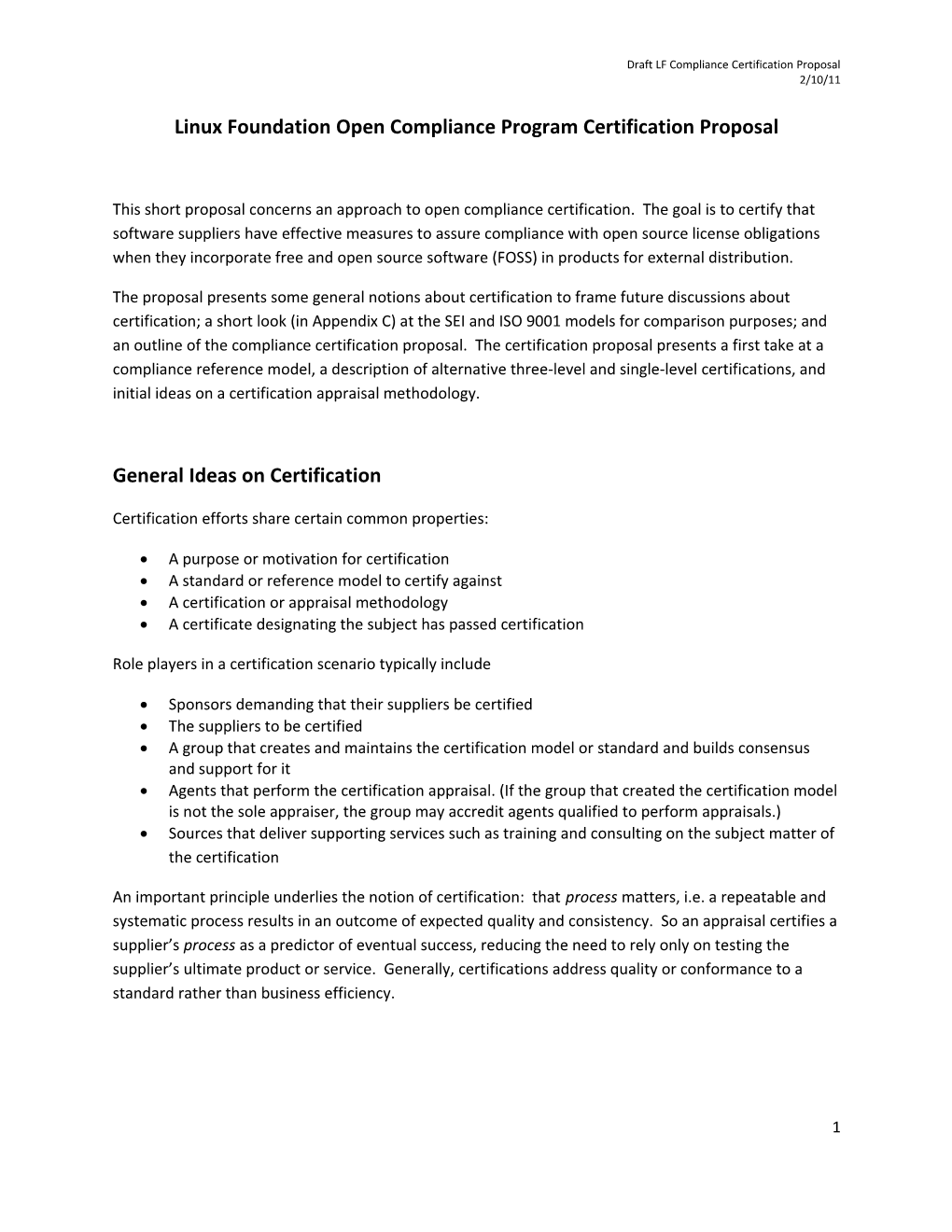 Linux Foundation Open Compliance Program Certification Proposal
