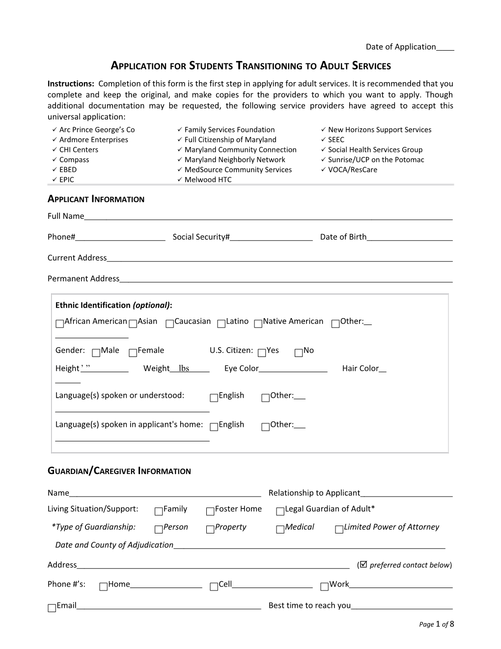 Application for Students Transitioning to Adult Services